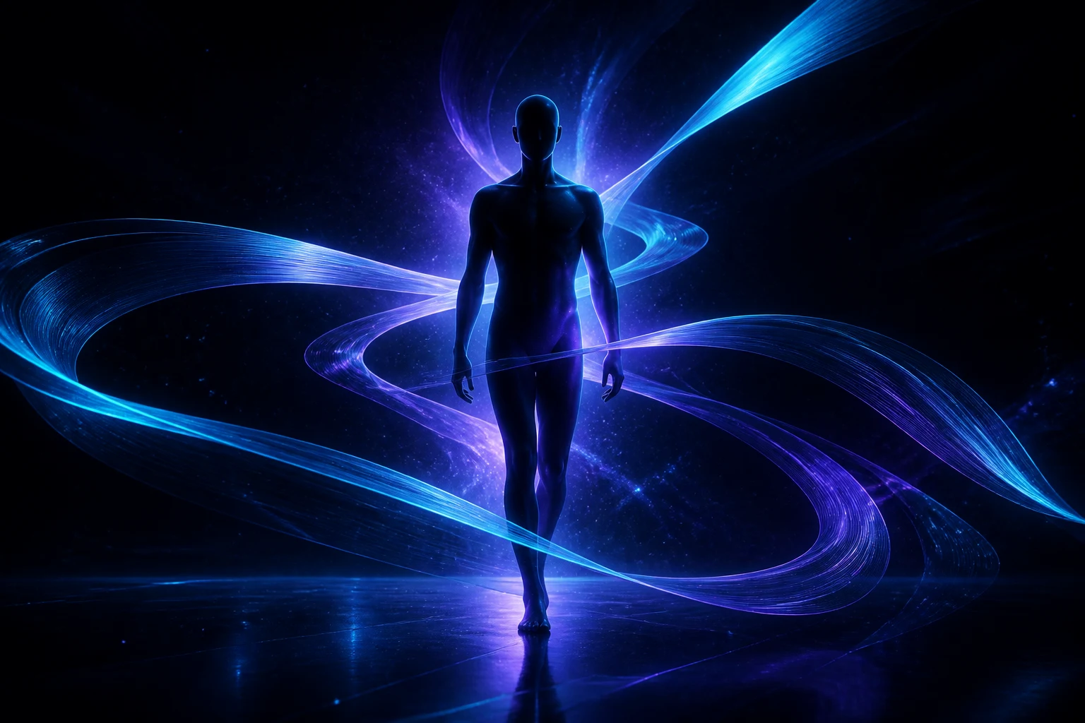 A luminous figure surrounded by cyan and violet motion ribbons