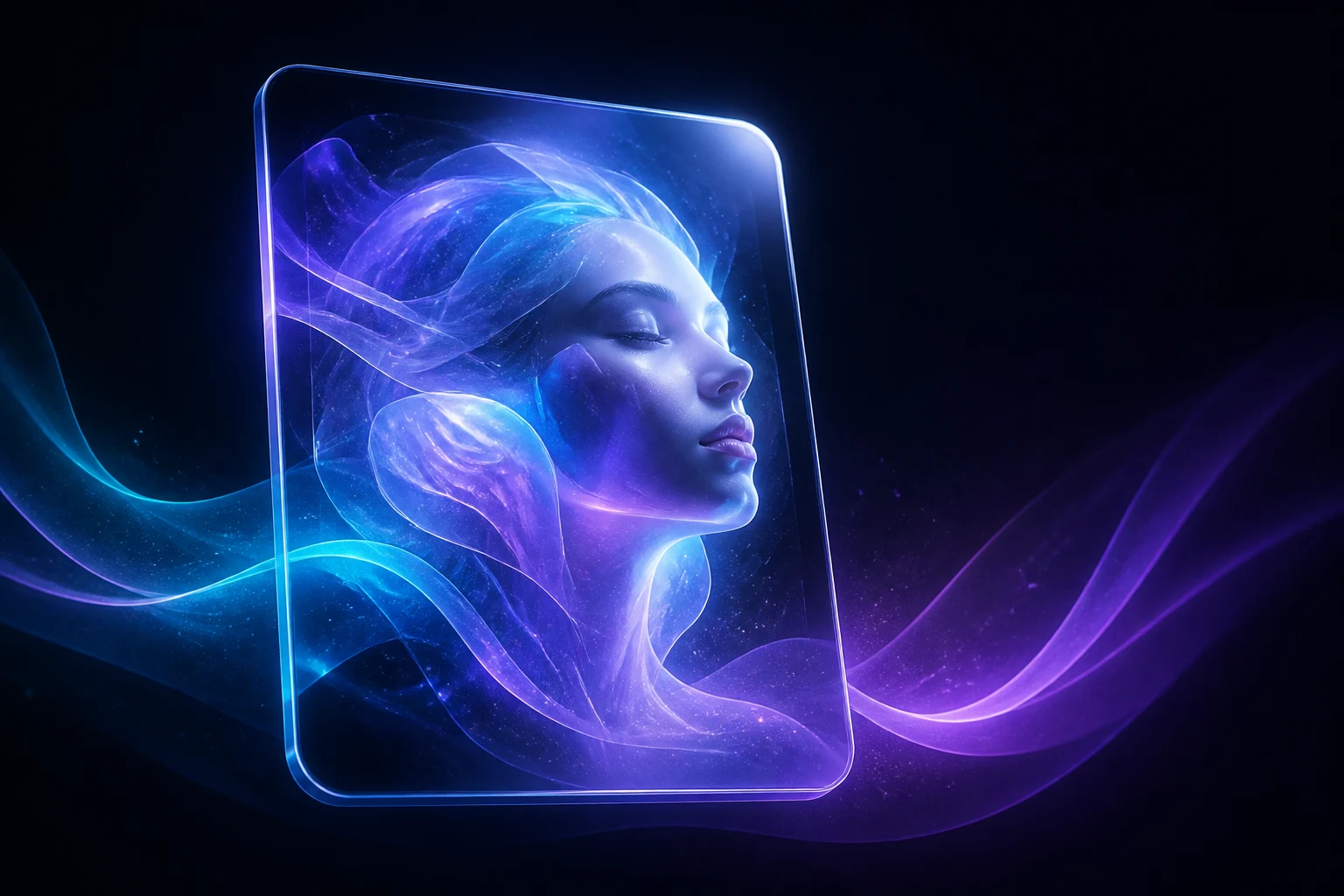 A luminous portrait emerging inside a floating glass image frame