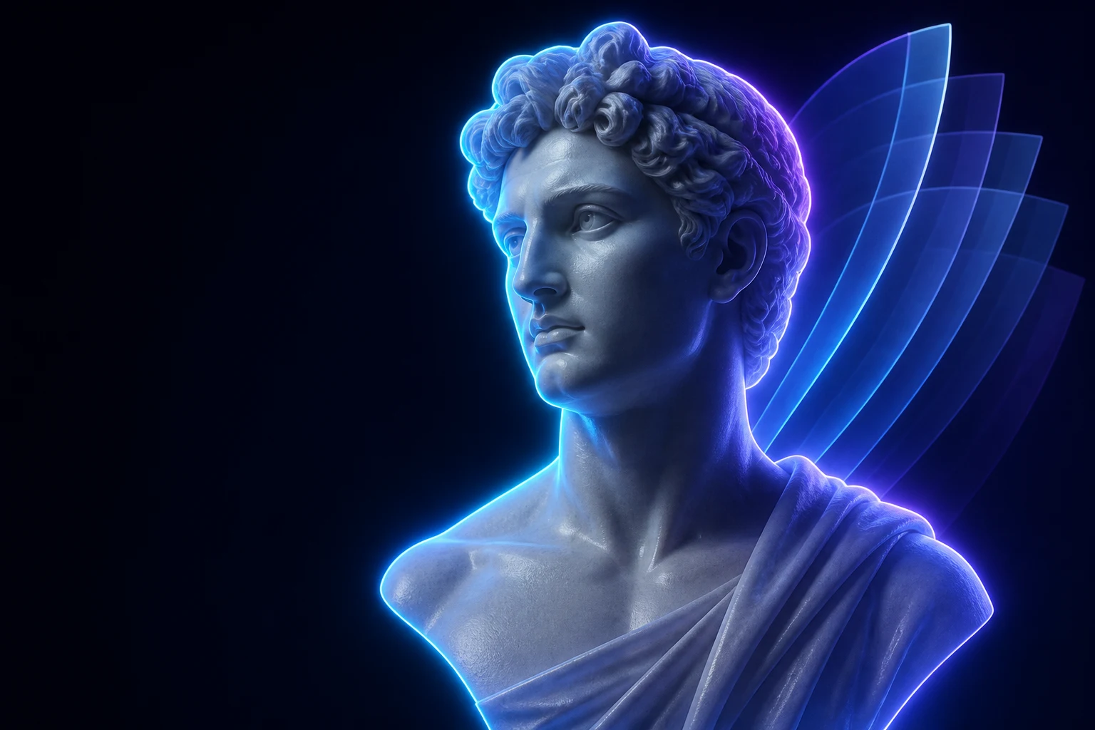 A sculptural portrait separated from its background by a luminous contour